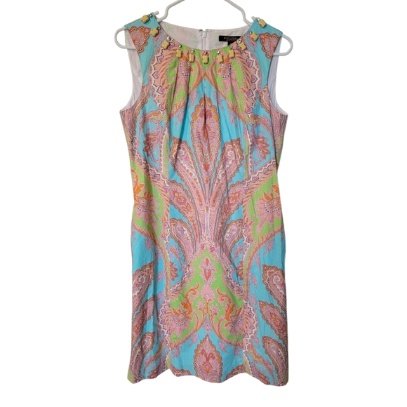 Brooks Brothers Beaded Collar Blue Pink Green Paisley Sheath Lined Dress‎ 6 - Picture 1 of 7
